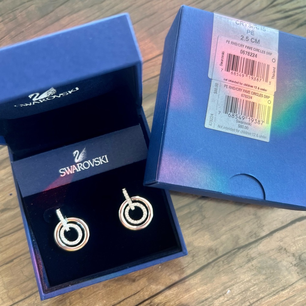 🆕 in box Swarovski circles drop earrings, crystals, rhodium plated, 2.5 CM. ✨